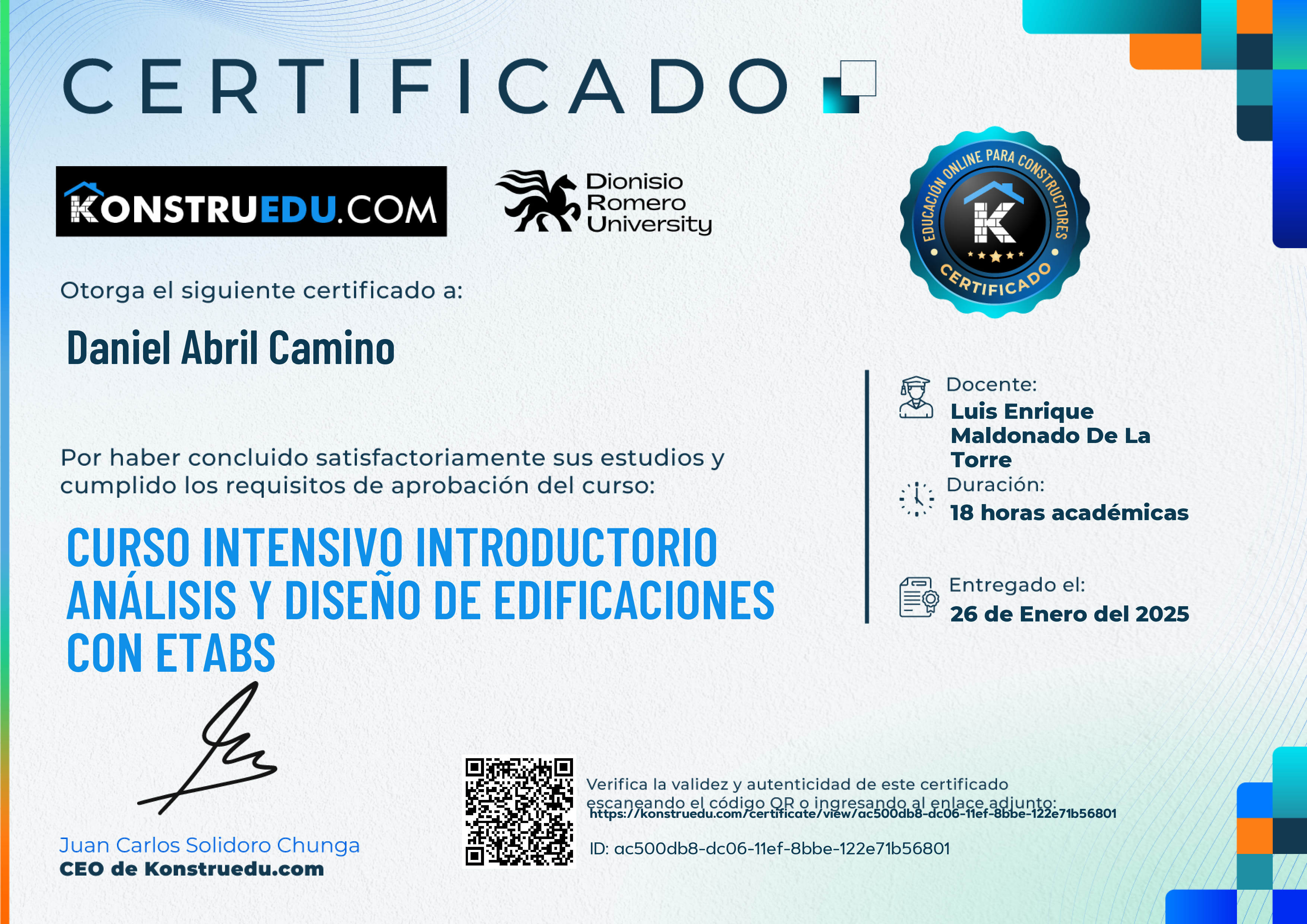 Credencial de Curso intensivo Análisis y Diseño de Edificaciones con ETABS - Introductorio