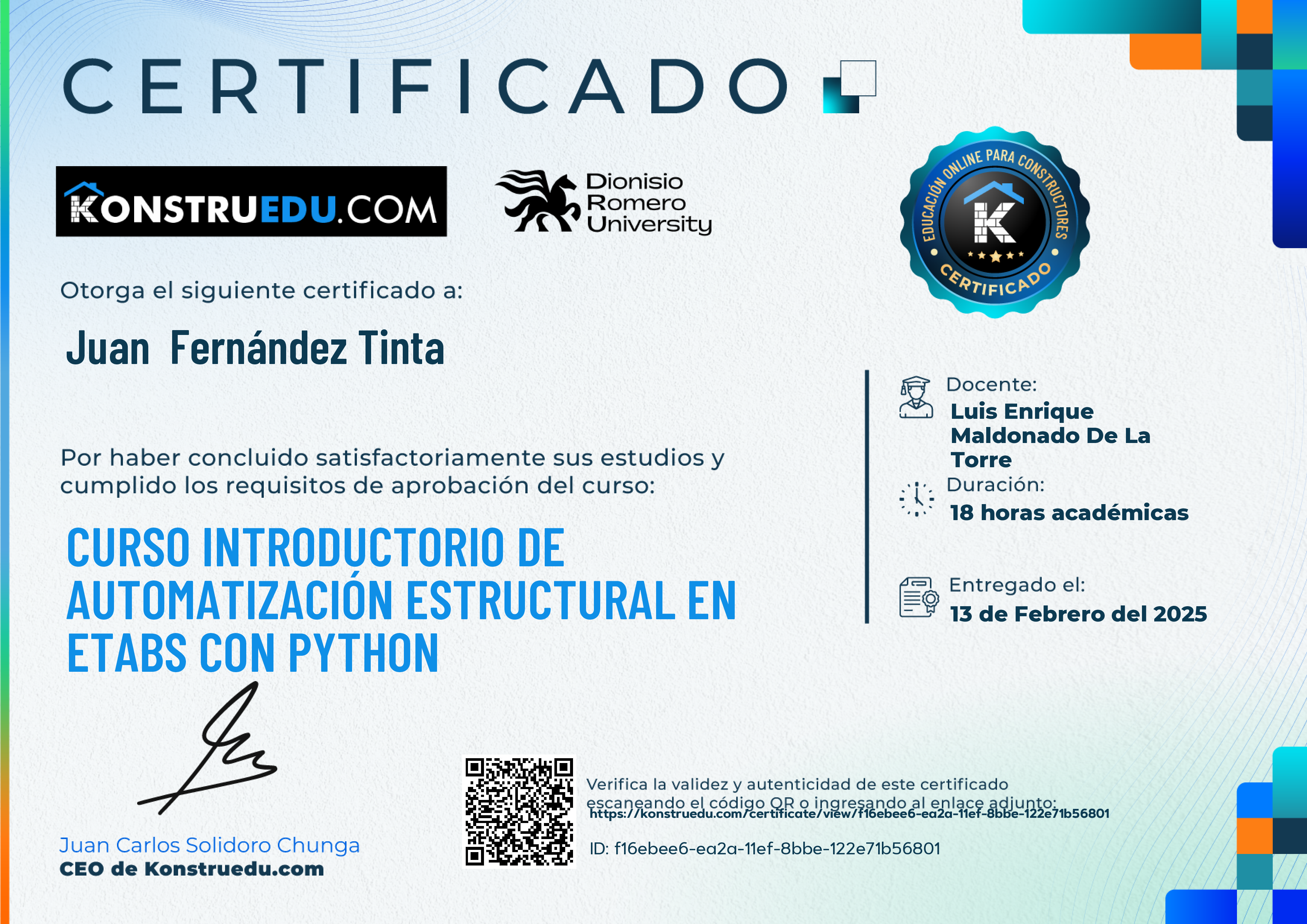 Credencial de Curso Introductorio de Automatización estructural en Etabs con Python