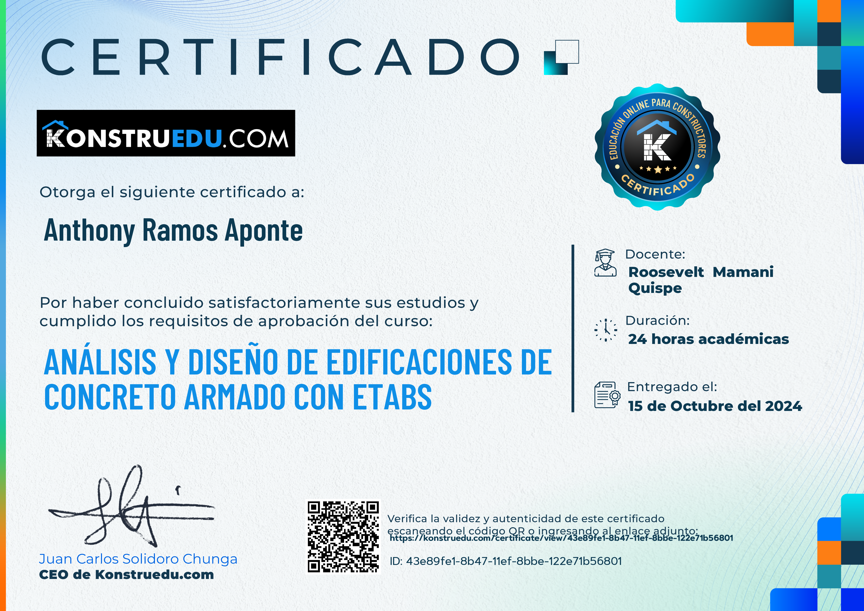 Credencial de Análisis y diseño de edificaciones de concreto armado con ETABS