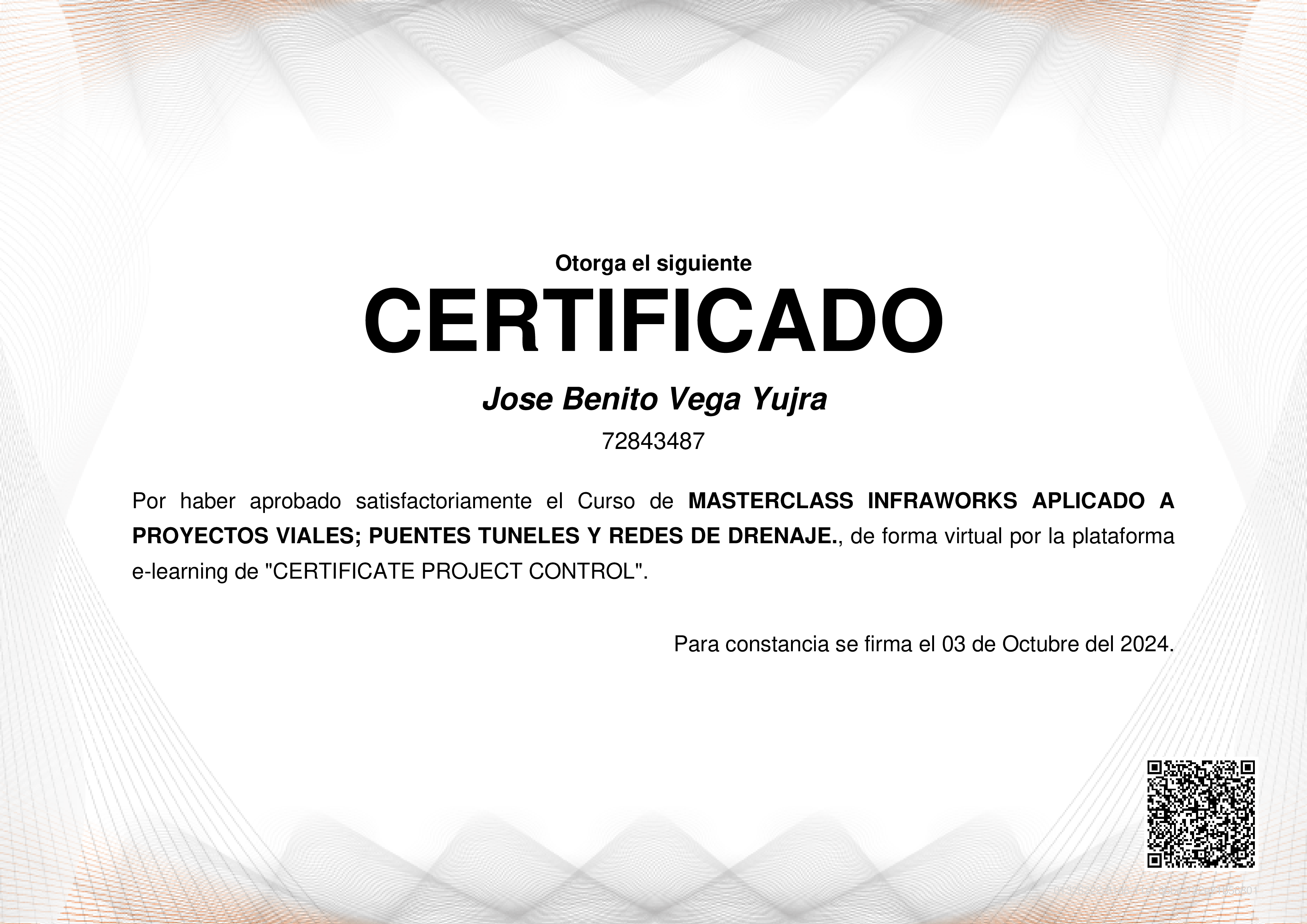 Credencial de MASTERCLASS INFRAWORKS APLICADO A PROYECTOS VIALES; PUENTES TUNELES Y REDES DE DRENAJE.