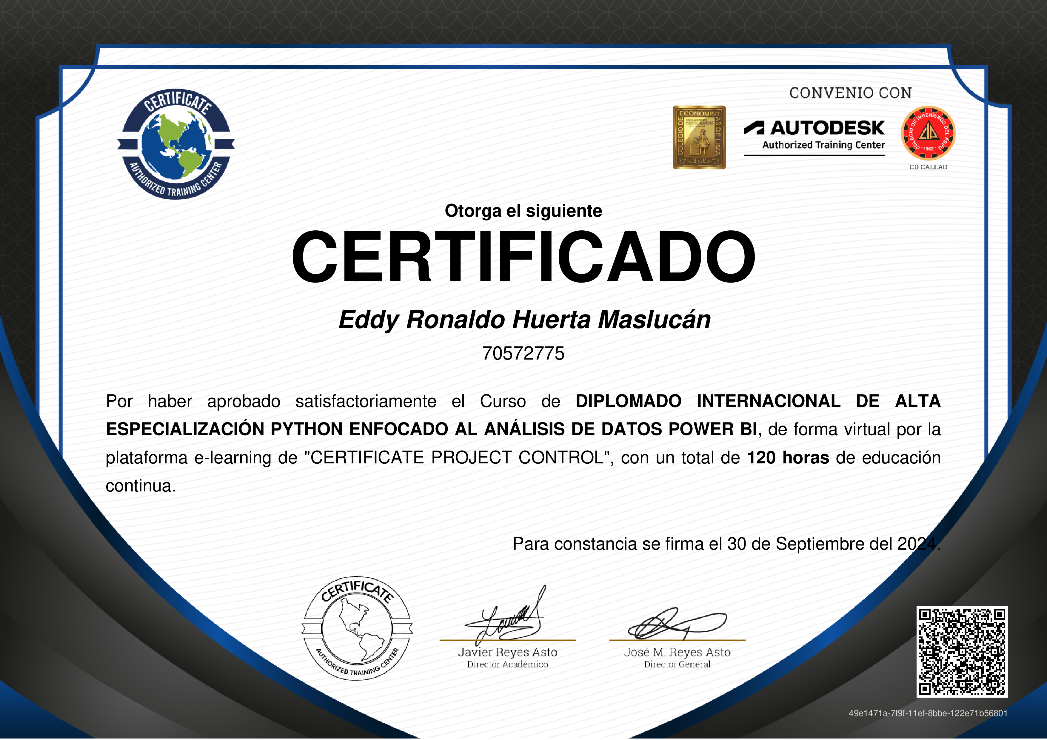 Credencial de DIPLOMADO INTERNACIONAL DE ALTA ESPECIALIZACIÓN PYTHON ENFOCADO AL ANÁLISIS DE DATOS POWER BI